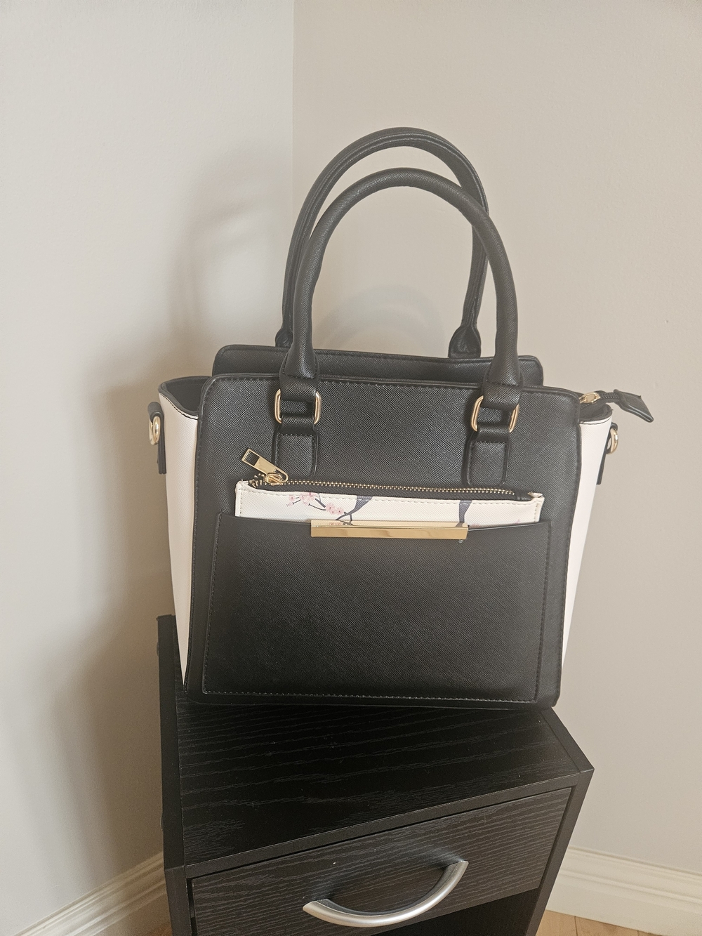 Two-Tone Black and White Structured Satchel with Gold Accent